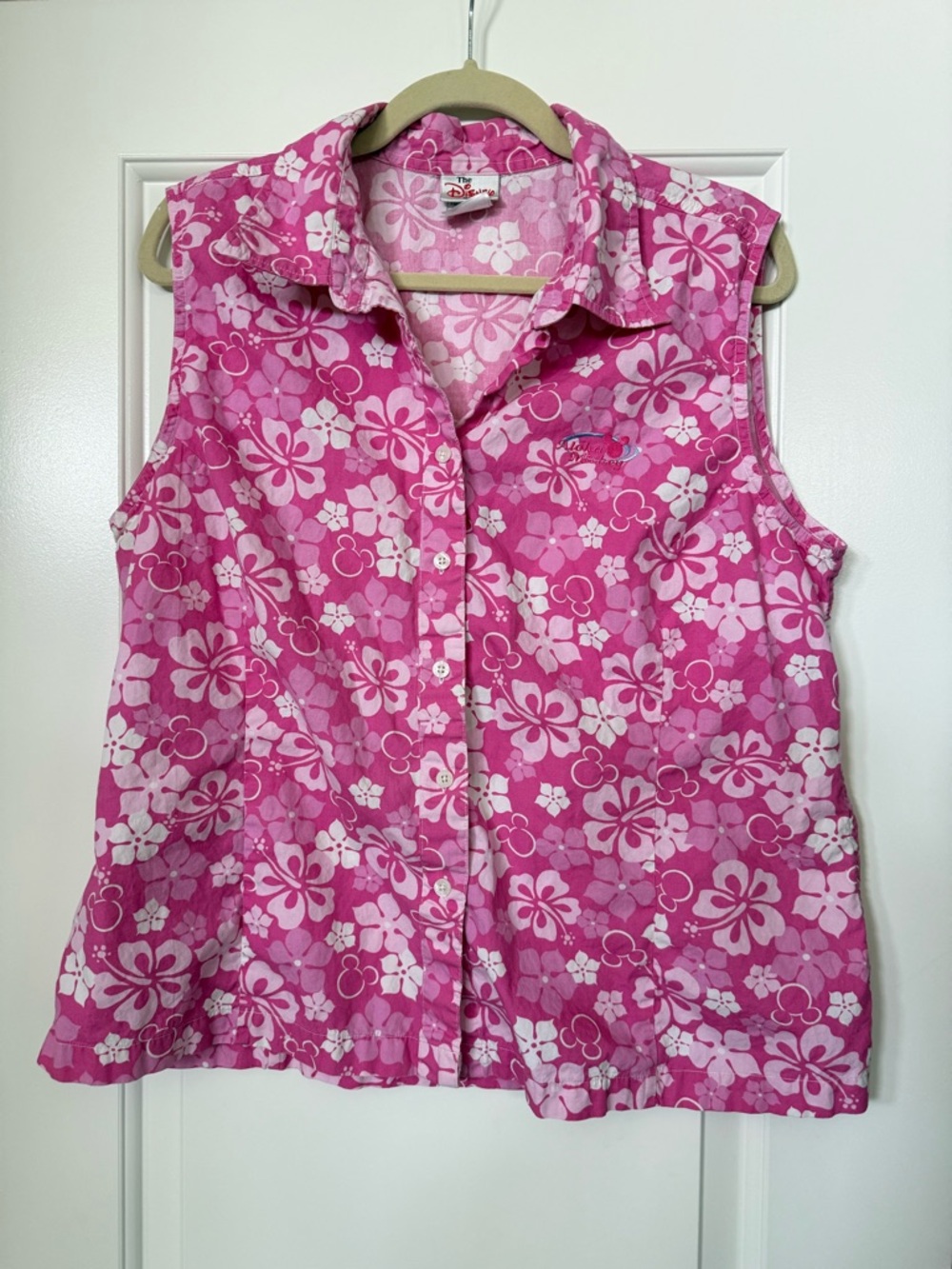 Vintage Disney Stpre Hot Pink & White Hawaii Floral button tank XL
